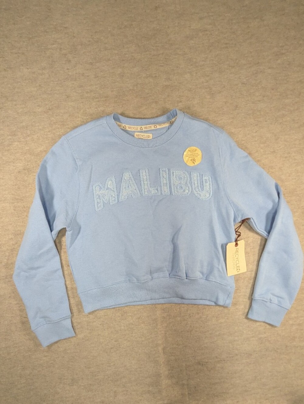 NEW Light Blue MALIBU Embroidered Lace Cropped Sweatshirt Recycled Threads Small